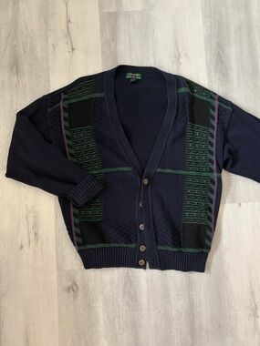 Alexander Julian Navy Cardigan with Green & Purple Trim